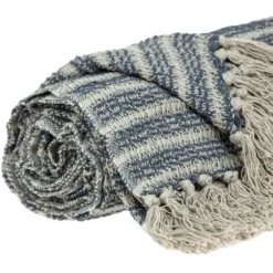 Blankets & Throws-Kirkland's Home Natural Striped Woven Tassel Throw Blue