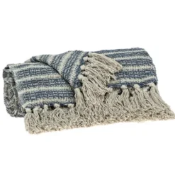 Blankets & Throws-Kirkland's Home Natural Striped Woven Tassel Throw Blue