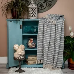 Blankets & Throws-Kirkland's Home Natural Striped Woven Tassel Throw Blue