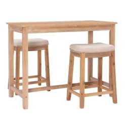 Dining Tables-Kirkland's Home Natural Wood & Upholstered Stools 3-Pc. Dining Set Tan