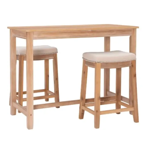 Dining Tables-Kirkland's Home Natural Wood & Upholstered Stools 3-Pc. Dining Set Tan