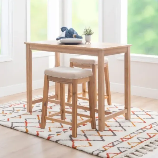 Dining Tables-Kirkland's Home Natural Wood & Upholstered Stools 3-Pc. Dining Set Tan