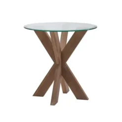 Accent & End Tables-Kirkland's Home Natural Wood And Glass Top X-Base Accent Table Tan