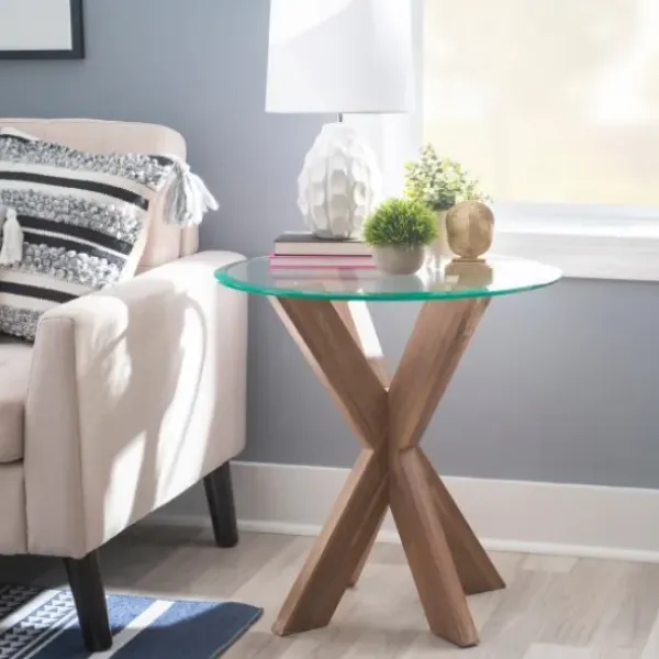 Accent & End Tables-Kirkland's Home Natural Wood And Glass Top X-Base Accent Table Tan