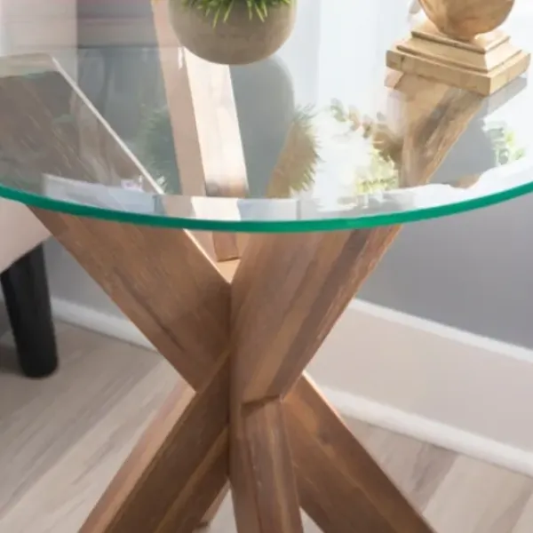 Accent & End Tables-Kirkland's Home Natural Wood And Glass Top X-Base Accent Table Tan