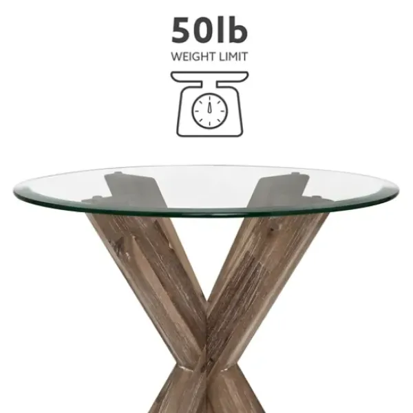 Accent & End Tables-Kirkland's Home Natural Wood And Glass Top X-Base Accent Table Tan