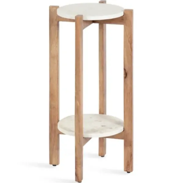 Accent & End Tables-Kirkland's Home Natural Wood And Marble Moxley Accent Table White/Tan