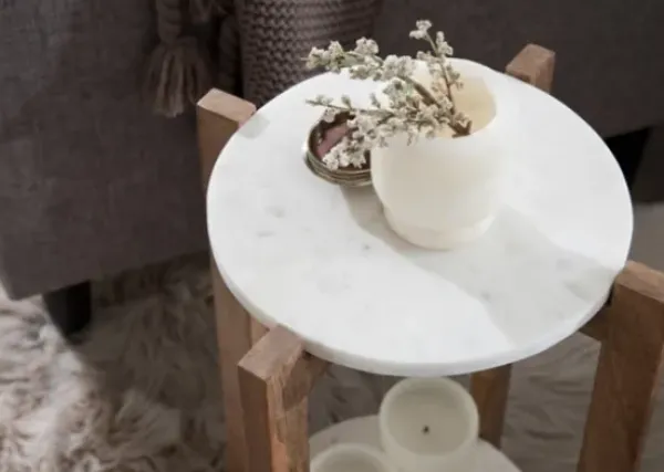 Accent & End Tables-Kirkland's Home Natural Wood And Marble Moxley Accent Table White/Tan