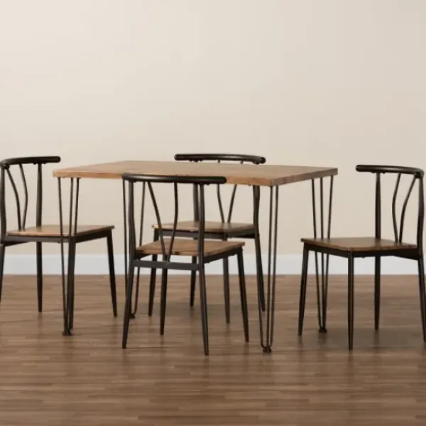 Dining Tables-Kirkland's Home Natural Wood And Metal 5-Pc. Dining Set Brown/Black