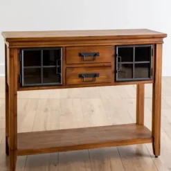Console Tables-Kirkland's Home Natural Wood And Metal Window Console Table Brown