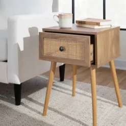 Accent & End Tables-Kirkland's Home Natural Wood And Rat Drawer Accent Table Tan
