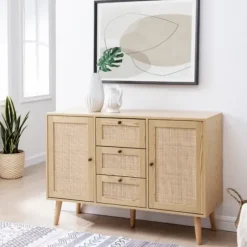 Cabinets & Sideboards-Kirkland's Home Natural Wood And Rat 3-Drawer Sideboard Tan