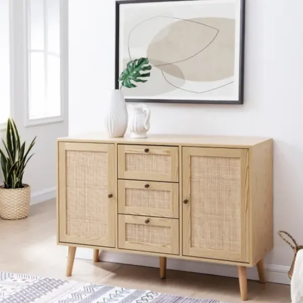 Cabinets & Sideboards-Kirkland's Home Natural Wood And Rat 3-Drawer Sideboard Tan