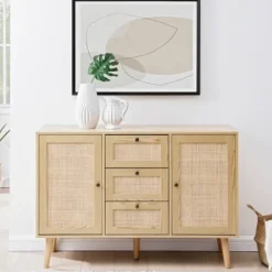 Cabinets & Sideboards-Kirkland's Home Natural Wood And Rat 3-Drawer Sideboard Tan