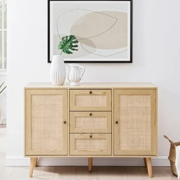 Cabinets & Sideboards-Kirkland's Home Natural Wood And Rat 3-Drawer Sideboard Tan
