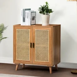Cabinets & Sideboards-Kirkland's Home Natural Wood And Rattan 2-Door Cabinet Brown