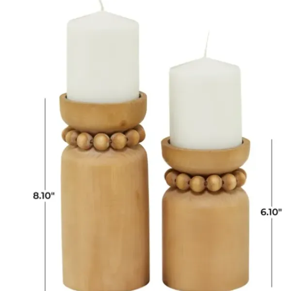Candle Holders-Kirkland's Home Natural Wood Beaded Candle Holders, Set Of 2 Tan