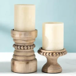 Candle Holders-Kirkland's Home Natural Wood Beaded Pillar Candle Holder, 4 In. Brown