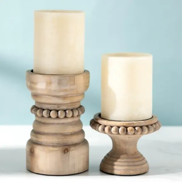 Candle Holders-Kirkland's Home Natural Wood Beaded Pillar Candle Holder, 4 In. Brown