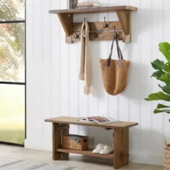 Entryway Furniture-Kirkland's Home Natural Wood Bench And Hooks 2-Pc. Hall Tree Set
