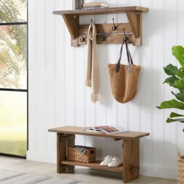 Entryway Furniture-Kirkland's Home Natural Wood Bench And Hooks 2-Pc. Hall Tree Set