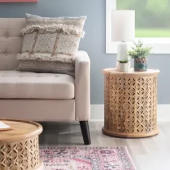 Accent & End Tables-Kirkland's Home Natural Wood Carved Diamonds Accent Table Tan