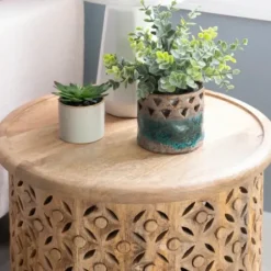 Accent & End Tables-Kirkland's Home Natural Wood Carved Diamonds Accent Table Tan