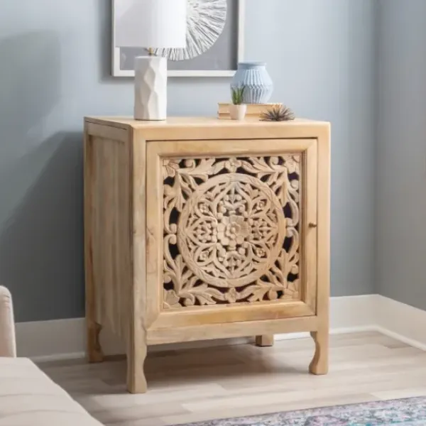 Cabinets & Sideboards-Kirkland's Home Natural Wood Carved Medallion Cabinet Tan