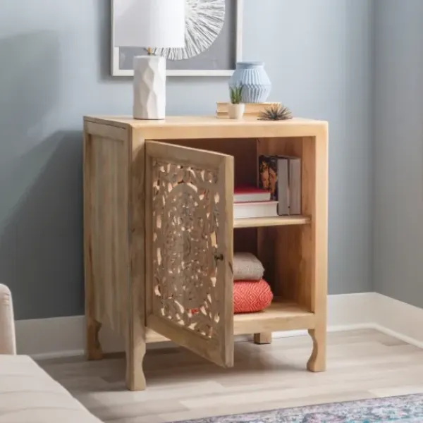 Cabinets & Sideboards-Kirkland's Home Natural Wood Carved Medallion Cabinet Tan