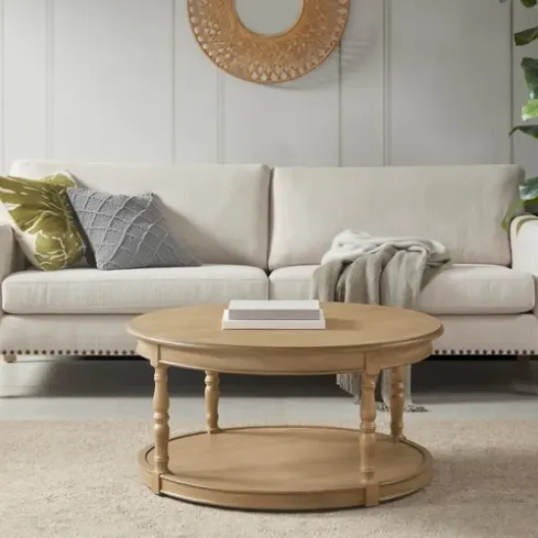 Coffee Tables-Kirkland's Home Natural Wood Finish Turned Leg Round Coffee Table