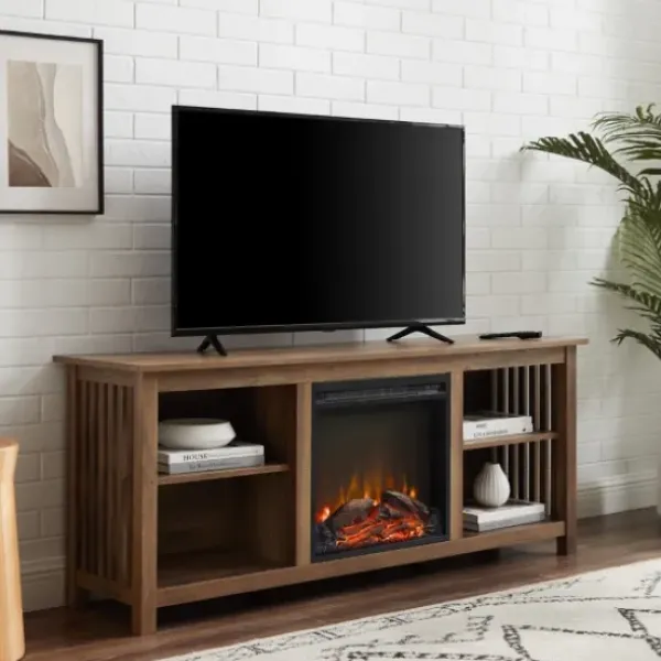 Tv Stands & Media Consoles-Kirkland's Home Natural Wood Led Fireplace Media Cabinet Brown