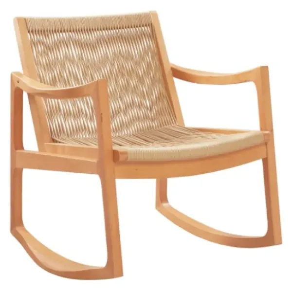 Accent Chairs-Kirkland's Home Natural Wood Modern Woven Rocking Chair Tan