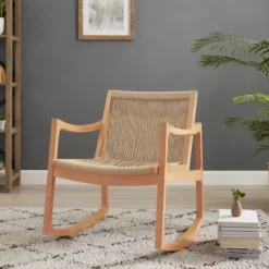 Accent Chairs-Kirkland's Home Natural Wood Modern Woven Rocking Chair Tan