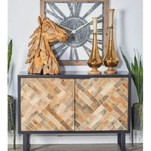 Cabinets & Sideboards-Kirkland's Home Natural Wood Mosaic Paneling Cabinet Black/Tan