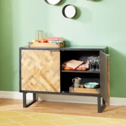 Cabinets & Sideboards-Kirkland's Home Natural Wood Mosaic Paneling Cabinet Black/Tan