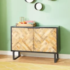 Cabinets & Sideboards-Kirkland's Home Natural Wood Mosaic Paneling Cabinet Black/Tan