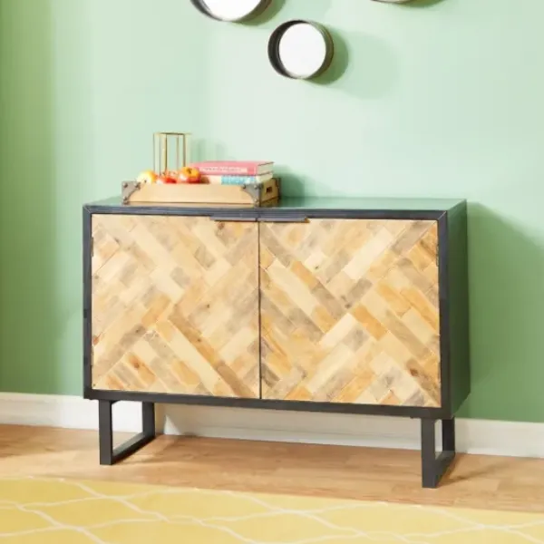 Cabinets & Sideboards-Kirkland's Home Natural Wood Mosaic Paneling Cabinet Black/Tan