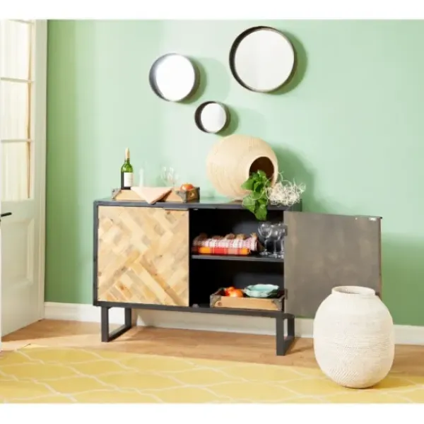 Cabinets & Sideboards-Kirkland's Home Natural Wood Mosaic Paneling Cabinet Black/Tan