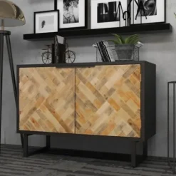 Cabinets & Sideboards-Kirkland's Home Natural Wood Mosaic Paneling Cabinet Black/Tan