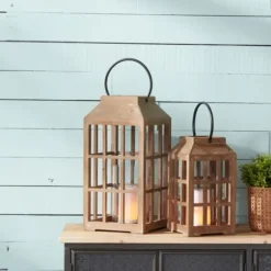 Lanterns-Kirkland's Home Natural Wood Windowpane Lantern, 22 In. Tan