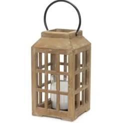 Lanterns-Kirkland's Home Natural Wood Windowpane Lantern, 17 In. Tan