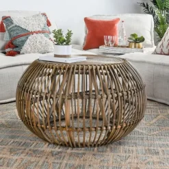 Coffee Tables-Kirkland's Home Natural Woven Rat Round Coffee Table Tan