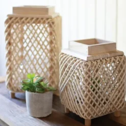 Lanterns-Kirkland's Home Natural Woven Rope And Wood Lanterns, Set Of 2 Tan