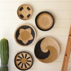 Wall Plaques-Kirkland's Home Natural Woven Seagrass 5-Pc. Wall Decoration Set Tan/Brown/Black