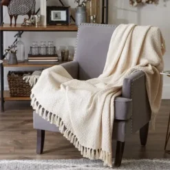 Blankets & Throws-Kirkland's Home Natural Woven Zig Zag Throw Ivory