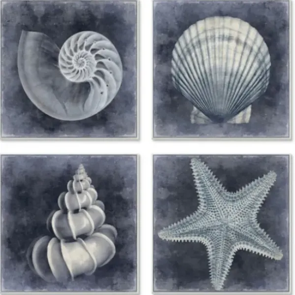 Framed Art-Kirkland's Home Nautical Seashells 4-Pc. Canvas Art Print Set Blue/White/Black
