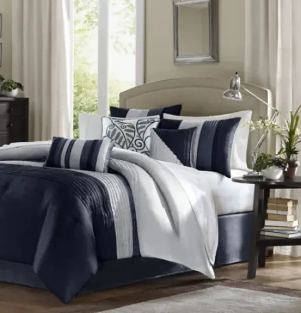 Comforters-Kirkland's Home Navy Amador 7-Pc. Queen Comforter Set Blue/Silver