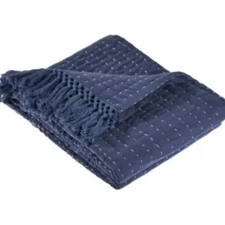 Blankets & Throws-Kirkland's Home Navy And Cream Stitch Fringe Throw Blue