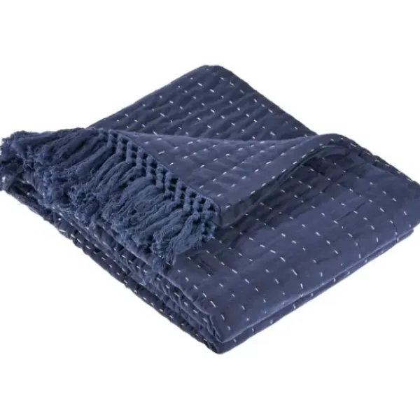 Blankets & Throws-Kirkland's Home Navy And Cream Stitch Fringe Throw Blue
