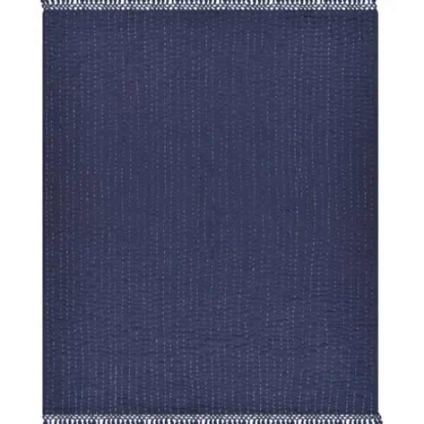 Blankets & Throws-Kirkland's Home Navy And Cream Stitch Fringe Throw Blue
